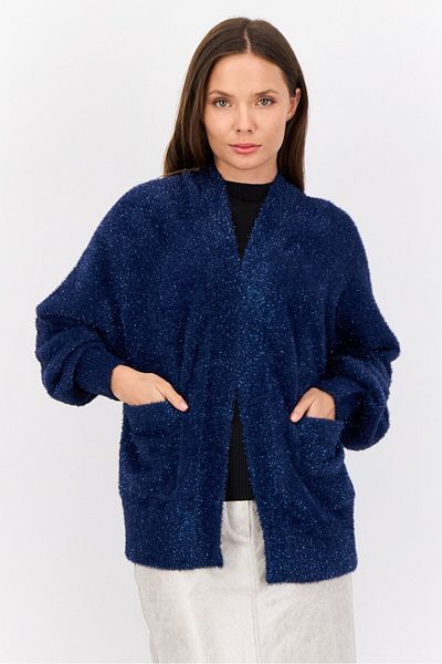 Esprit Women Oversized Fit Split Neck Metallic Cardigans, Navy