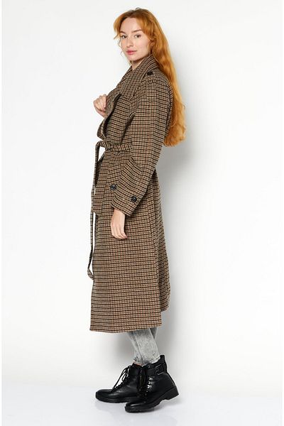 Esprit Women Checkered Belted Trench Coat, Brown Combo