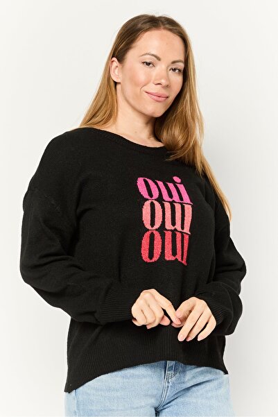 Madison + Hudson Women Ribbed Collar Jacquard Sweater, Black