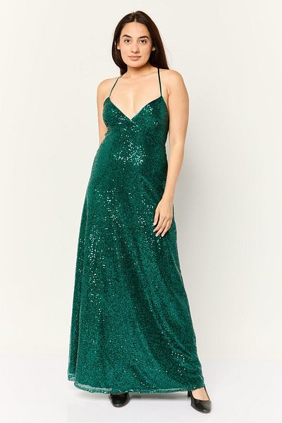 Lulus Women Sequins Maxi Dress, Dark Green