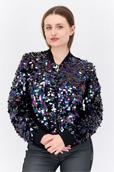 Juicy Couture Women Band Neck Sequin Long Sleeves Sweatshirt, Black