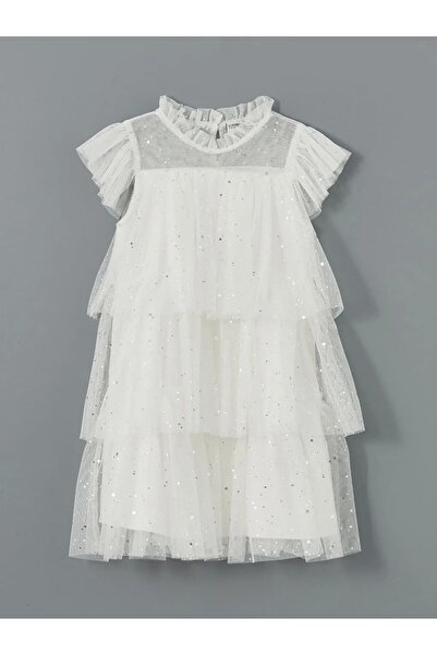 LC Waikiki Kids Ecru Crew Neck Sparkling Girl's Dress
