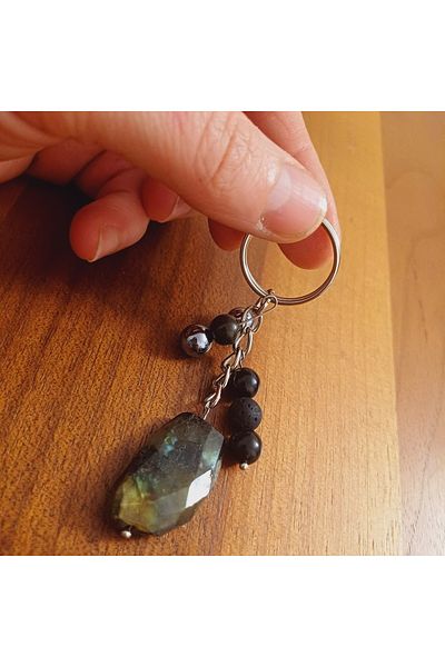 arzela Natural Stone Labradorite Keychain Lava Stone Obsidian Protection Energy Combined with Terahertz Stones