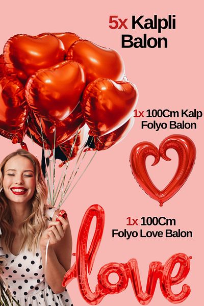 Baloncu Dede 5 Red Heart Foil Balloon Love and Big Heart Foil Balloon Helium Compatible Valentine's Day