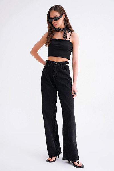 Mixray Women's 2006 so Buckle Loose Cut Wide Leg Black Jeans