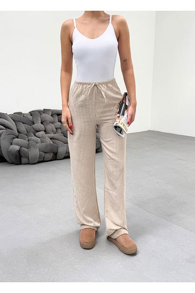 veres Women's Beige Striped Linen Fabric Loose Cut Summer Thin Trousers
