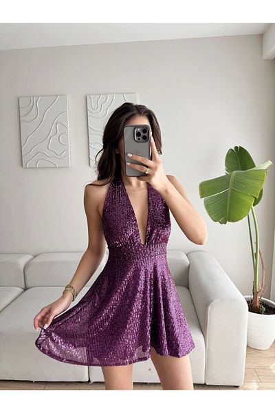 Zoom Butik Neck Tie Sequin Dress - Purple