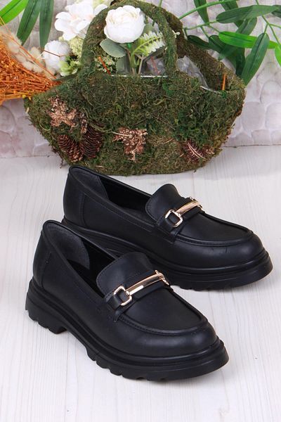 fort 35822 Black Skin Buckle Detailed Comfortable Loafer Women's Shoes