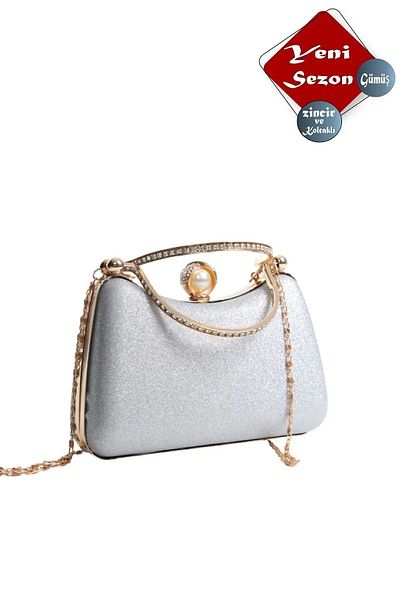 Famels Women's Kumsim Stone Detailed Silver/Gold Evening Dress Bag Pearl Unlocking