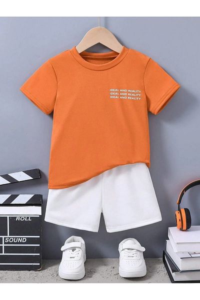 vinraus Girl\Boy Orange-White Ideal and Reality Printed Combed Cotton Shorts-Tshirt Set