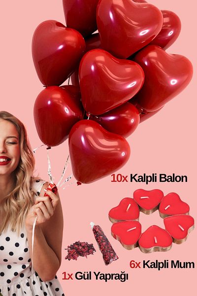 Baloncu Dede 10 Heart Balloons 6 Heart Candles Dry Rose Petals Valentine's Day