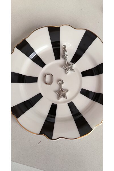 Vip Gümüş Renk Yıldız Charmli Oval Küpe