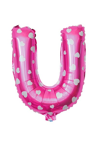 Flippy Balon folie litera U, 40 cm, imprimeu cu inimă, roz, paie inclusă