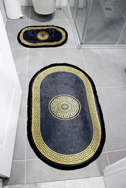 Charmbi سجادة حمام بنمط يوناني ذهبي، قاعدة مضادة للانزلاق، يمكن غسلها في الغسالة، مجموعة سجادة حمام مكونة من قطعتين مع هامش