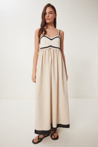 Lovelyİstanbul Καλοκαιρινό Μακρύ Φόρεμα Ποπλίνα με Πλεκτή Λεπτομέρεια CREAM LUS0122