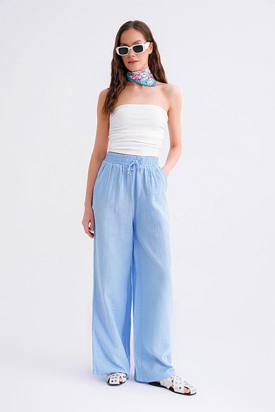 Mixray 4286 Pantaloni Palazzo de muselină cu talie elastică pentru femei Baby Blue