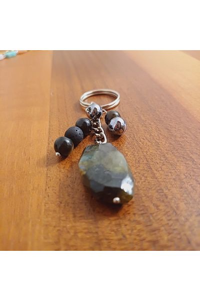 arzela Natural Stone Labradorite Keychain Lava Stone Obsidian Protection Energy Combined with Terahertz Stones