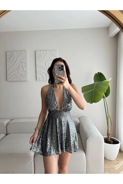 Zoom Butik Neck Tie Sequin Dress - Silver