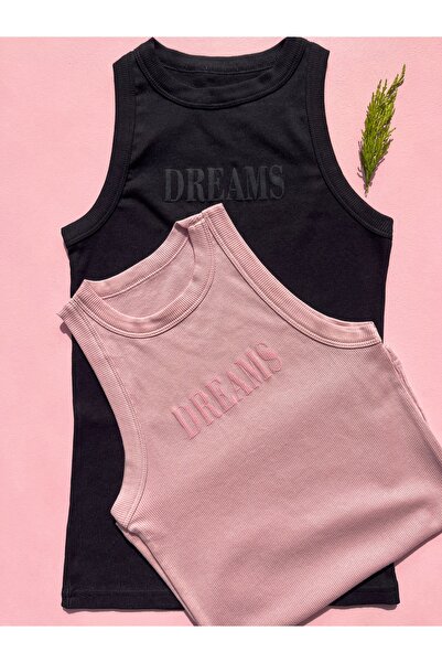 LEYNA BUTİK 2 Pack Black Modal Camisole T-Shirt Athlete Halter Collar Embossed Printed Powder