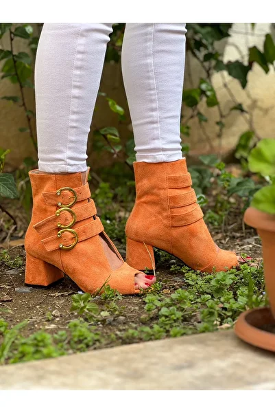 BERFONA Ellas Orange Suet Buckle 5 cm Heel Sandals Summer Boots