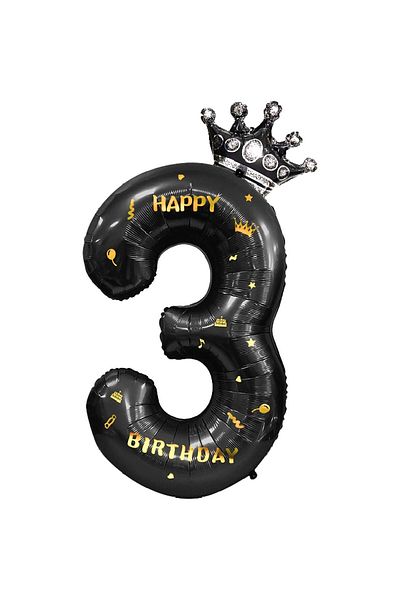Flippy Balon Flippy, Cifra si Coroana, Scris Happy Birthday, 100 cm, , Negru, Cifra 3