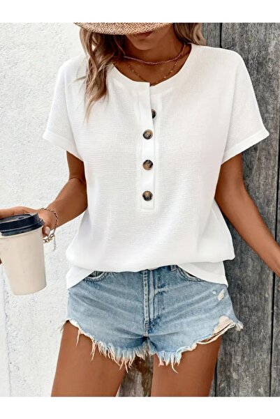 Fü&Me Style Kadın Waffle Kumaş Düğme Detaylı Beyaz T-Shirt