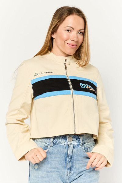 Don't Call Me Jennyfer Women Graphic Print Denim Jacket, Beige