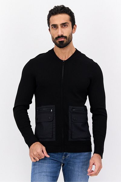 Selected Homme سويت شيرت رجالي بياقة دائرية وأكمام طويلة وسحاب كامل، أسود