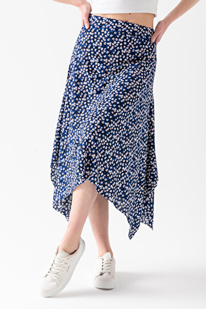 CNRCollection Fusta asimetrică cu volan, cu tăietură asimetrică, cu model floral, albastru închis pentru femei