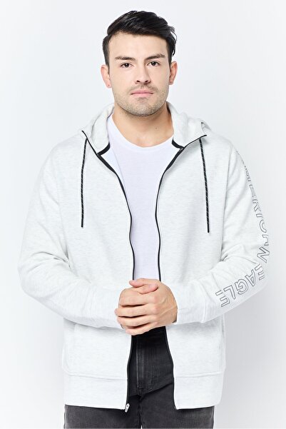 AMERICAN EAGLE Men Brand Logo Full Zip Hoodie, Light Grey