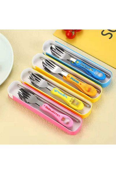 elfnur 1 Piece Children's Silicone Handled Figured Metal Tip Spoon and Fork - Feeding Spoon Set