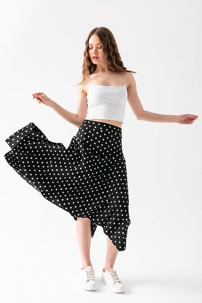 CNRCollection Women's Black Polka Dot Patterned Asymmetrical Cut Midi Length Flounce Asymmetrical Skirt