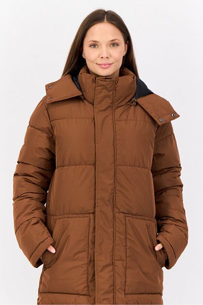 Devils Advocate Women Solid Long Puffer Jacket, Brown