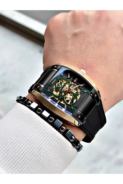 Fiesta Black Color Sport Silicone Square Steel Case Automatic Business Men Wrist Watch + Bracelet