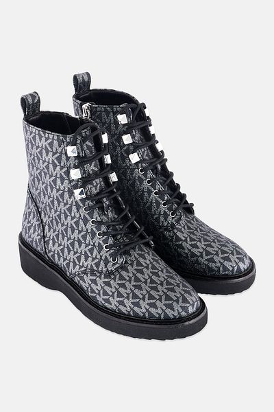 Michael Kors Women Medium Haskell Lace Up Mid Calf Boot, Sliver/black
