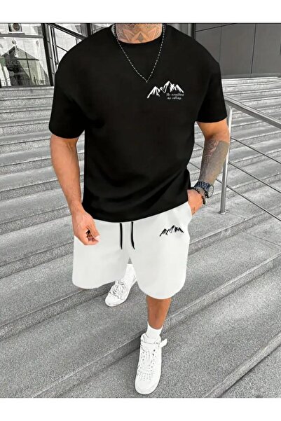 Framgan Men's Mountain Peak Printed Black/White Shorts T-Shirt Set