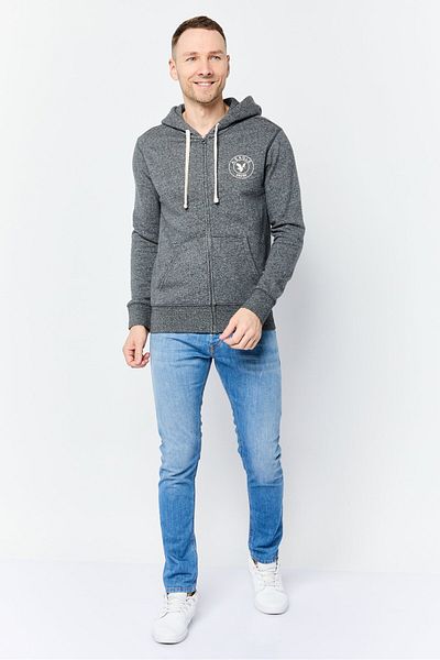 AMERICAN EAGLE Men Brand Logo Long Sleeve Full Zip Hoodie, Dark Heather Grey