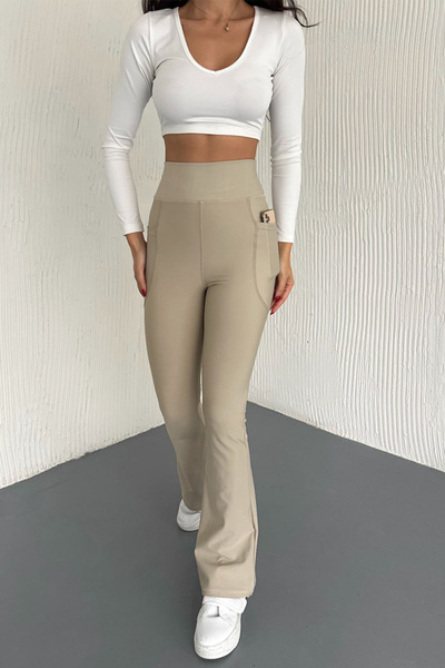 Swana Yüksek Bel Toparlayıcı Ve Sıkılaştırıcı Cepli Sporcu Tayt-Bej