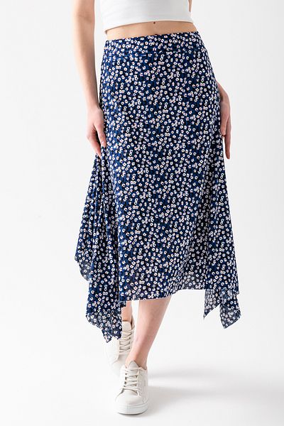 CNRCollection Fusta asimetrică cu volan, cu tăietură asimetrică, cu model floral, albastru închis pentru femei