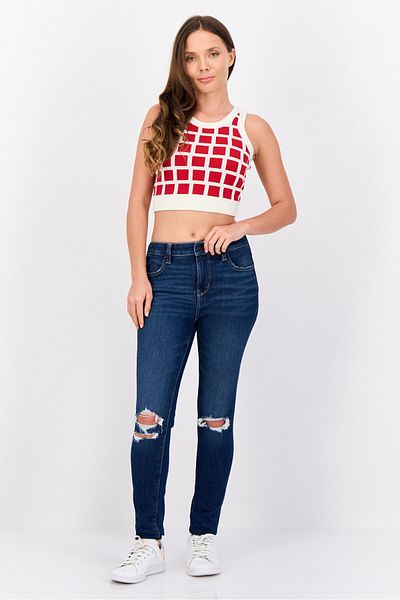 Esprit Women Crew Neck Checkered Crop Top, Red