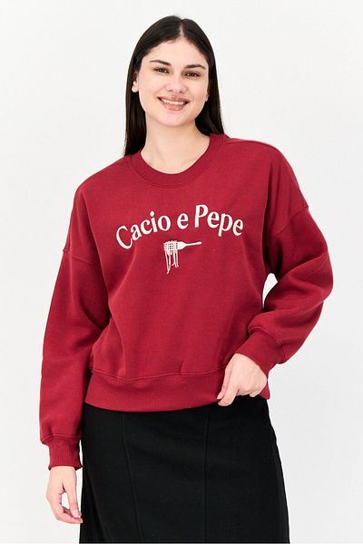No Comment Women Crew Neck Long Sleeve Embroidered Sweatshirt, Maroon