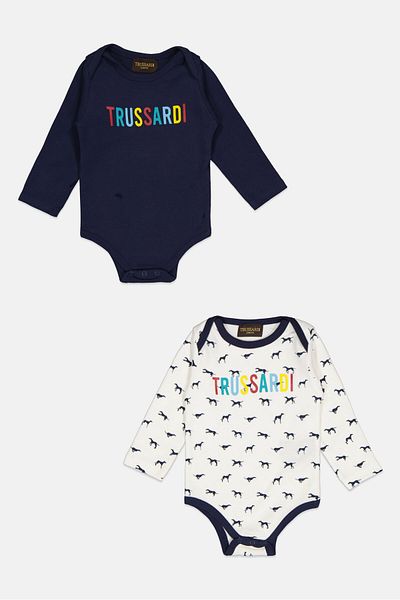 Trussardi Junior بدلة جسم بأكمام طويلة مطبوعة بالكامل للأولاد الصغار، أزرق داكن/أبيض