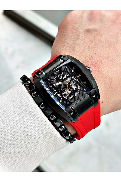 Fiesta Red Color Sport Silicone Square Steel Case Automatic Business Men Wrist Watch + Bracelet