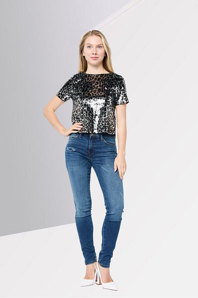 Michael Kors Women Round Neck Shorts Sleeves Sequins Top, Multicolor