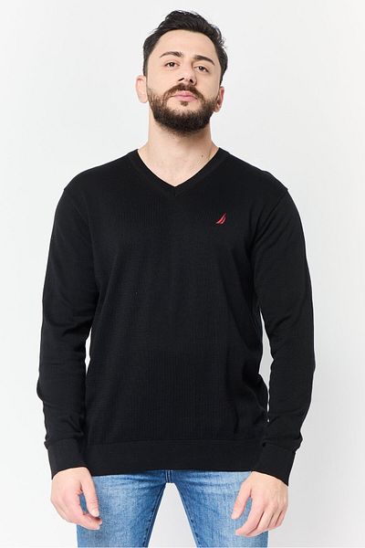 Nautica Men V-neckline Embroidered Sweater, Black
