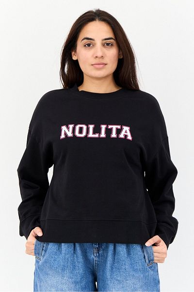 Nolita Women Crew Neck Long Sleeves Brand Logo Sweatshirt, Black