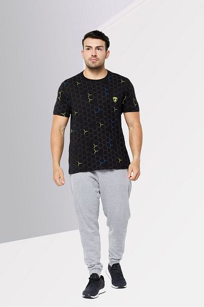 Lamborghini Men Crew Neck Short Sleeves Abstract Print T-Shirt, Black