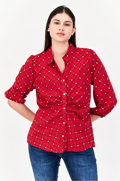 Adrienne Vittadini Women Spread Collar 3/4 Sleeve Allover Print Blouse, Red