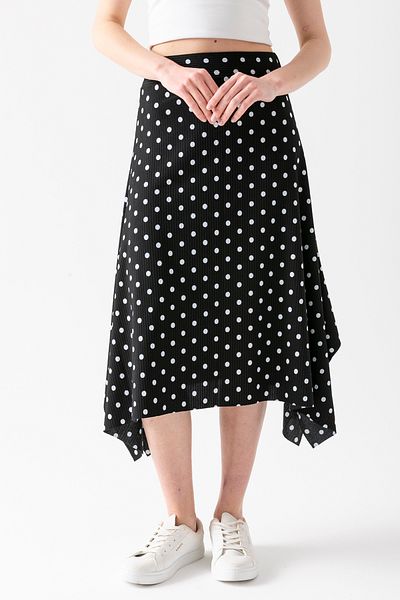 CNRCollection Women's Black Polka Dot Patterned Asymmetrical Cut Midi Length Flounce Asymmetrical Skirt