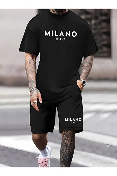 Framgan طقم تي شيرت رجالي مطبوع عليه ميلانو باللون الأسود/الأبيض